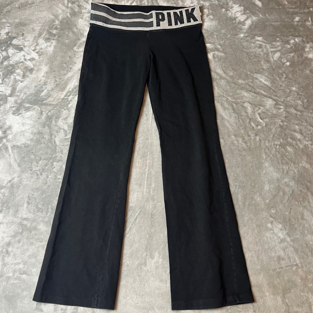 Y2K Victoria's Secret PINK Yoga Pants Black Rhinestone Logo Flare Bootcut Medium